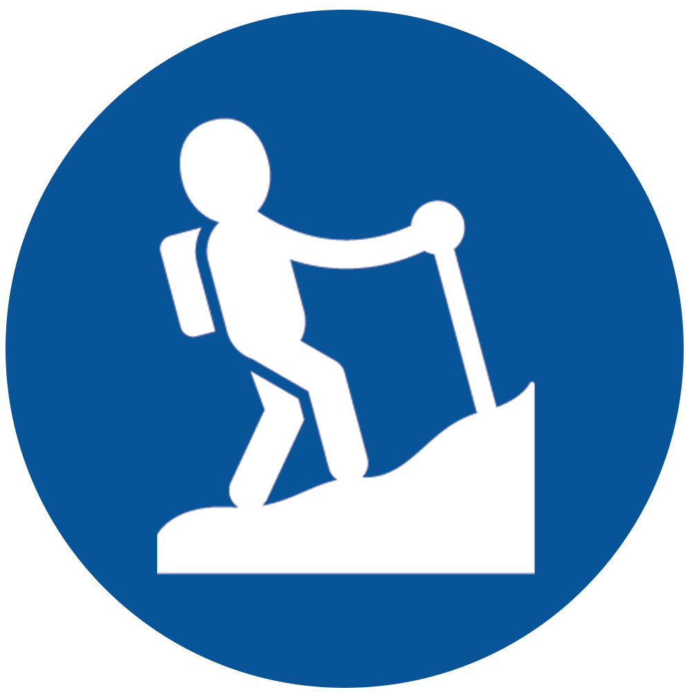 An icon of a hiker on a blue circle