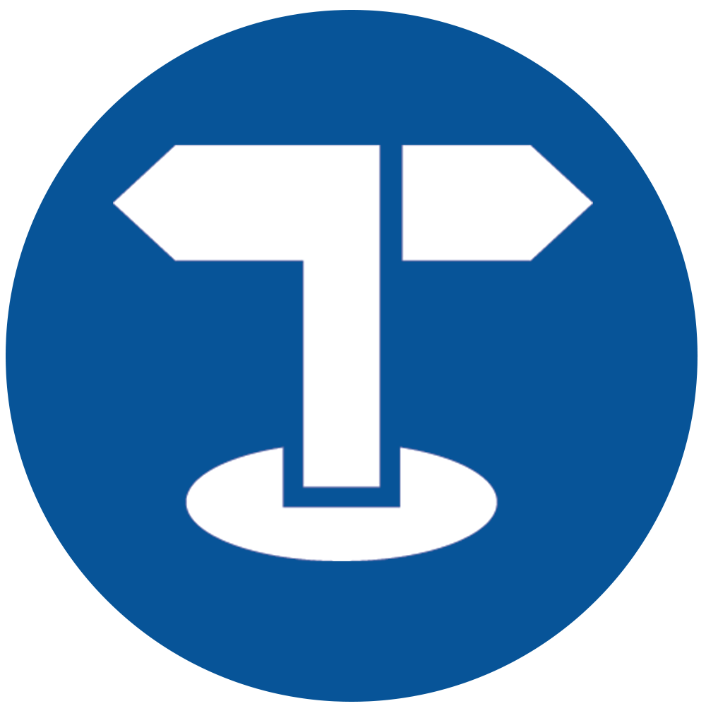 An icon of a trail sign on a blue circle