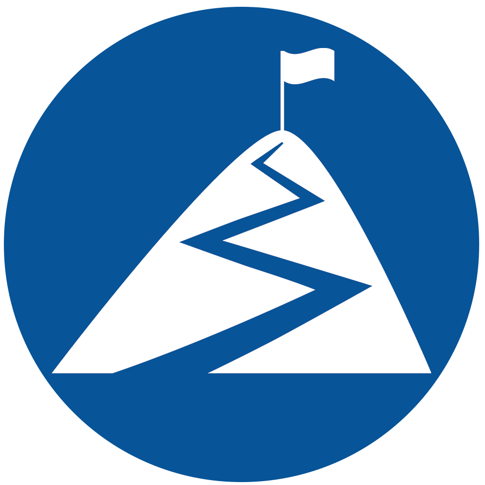 An icon of the top of a mountain with a flag at the peak on a blue circle