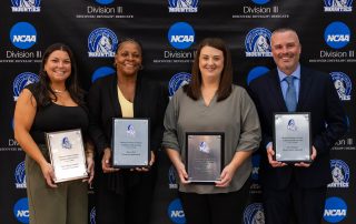 Kate (Byrne) Snyder ’15 (softball), Joyce Bell ’91 (women’s basketball), Kelsey (Ickes) Eckman ’08 (women’s volleyball), and Kevin Kime (head coach - baseball) were inducted into the Mountie Athletics Hall of Fame on Sept. 27, 2025. The three former athletes are among the top in their programs, and Kime is a four-time AMCC Coach of the Year.