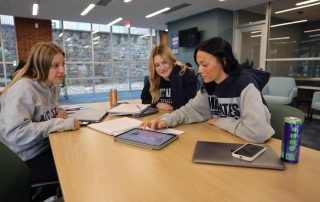 Three female students study in one of the Mount's student lounges.
