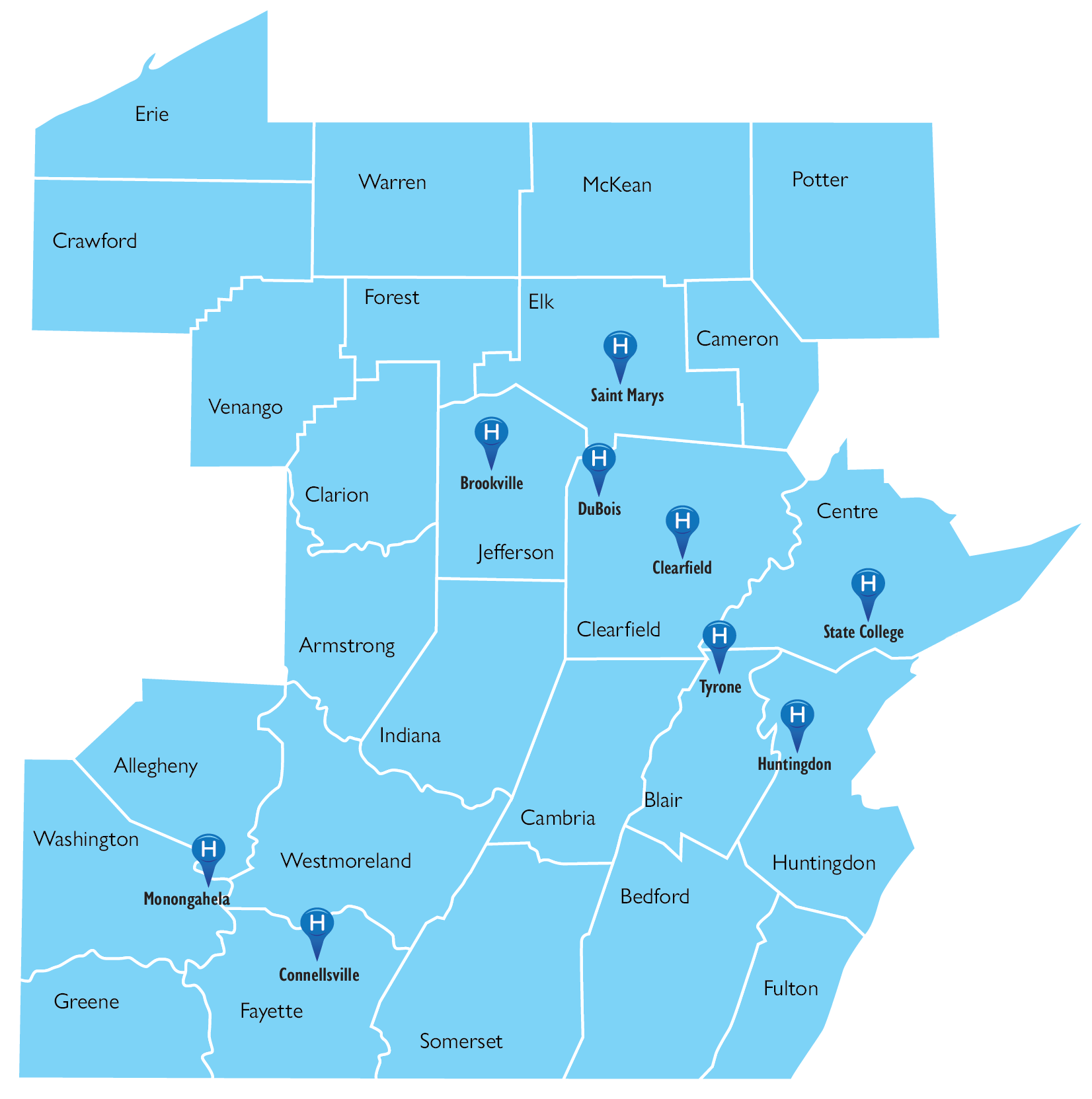 A map of western Pennsylvania, with nine pins marking where the nine Penn Highlands Healthcare hospitals are located.