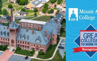 An aerial photo of the Main Administration Building. The text reads Mount Aloysius College: Great Colleges to Work For Recognized 2026